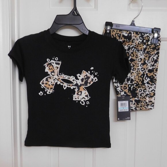 NWT 2pc Under Armour Black Animal Print Logo Top & Print Bike Shorts Set sz 5 - Picture 1 of 1